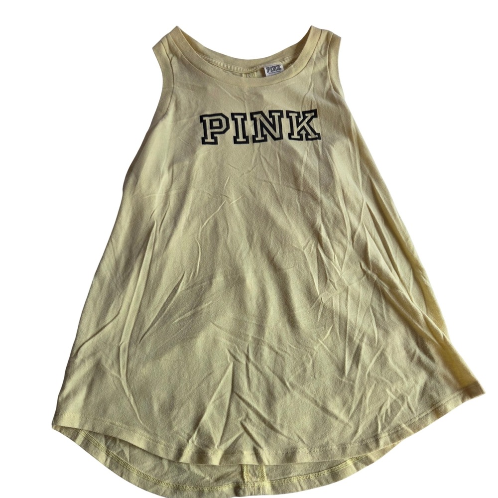 2000s Victoria's Secret PINK Pale Yellow Graphic Tank Top Open Back XS